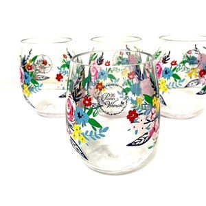 Pioneer Woman 17.5 Oz Floral Drink Cup Stemless Outdoor Wine Glass  4 Lot NWT
